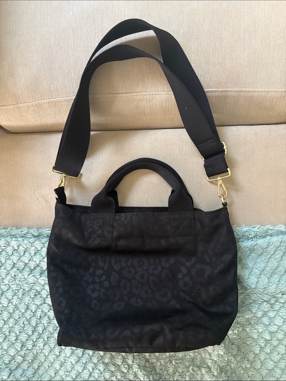 Black Leopard-Print Canvas Tote Bag with Adjustable Strap